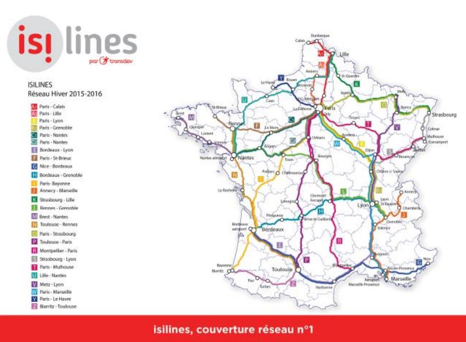 Carte réseau lignes de bus Isilines en France
