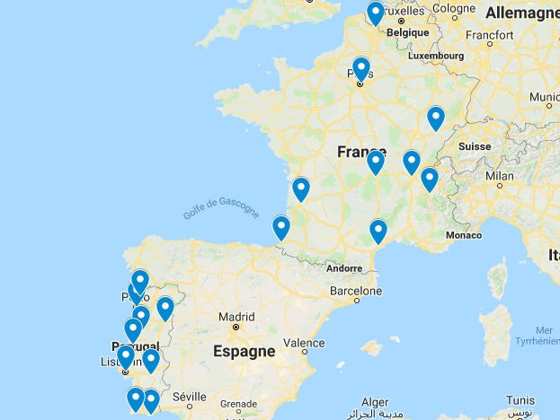 Carte réseau ligne de bus destinations villes desservies France Portugal