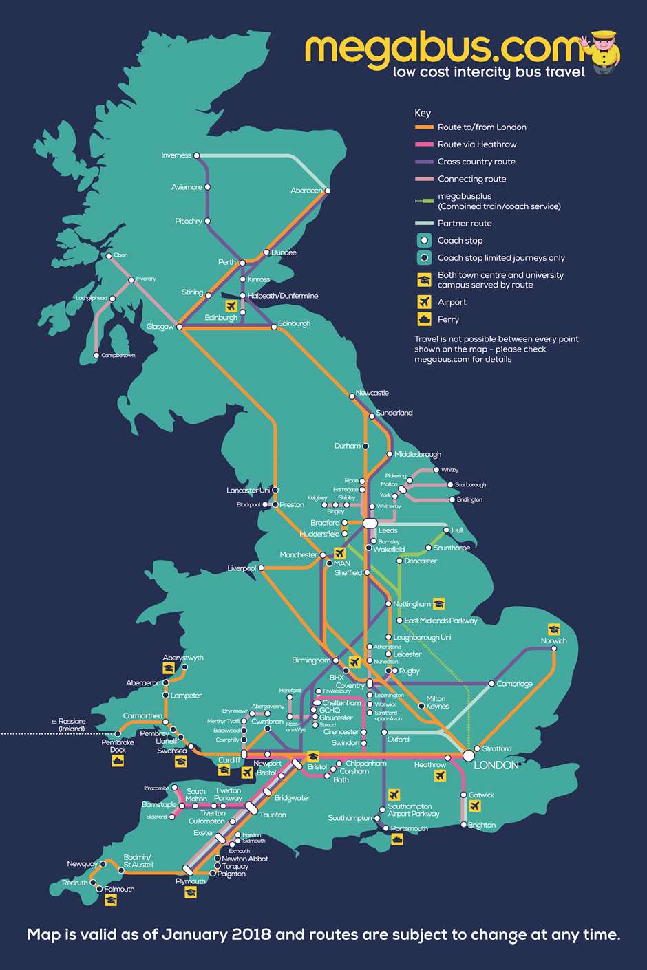 Megabus UK £1 network map bus routes