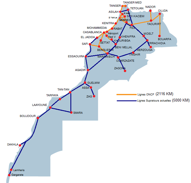 Carte du réseau de bus longue distance au Maroc - Compagnies de bus CTM, Supratours, Trans Ghazala