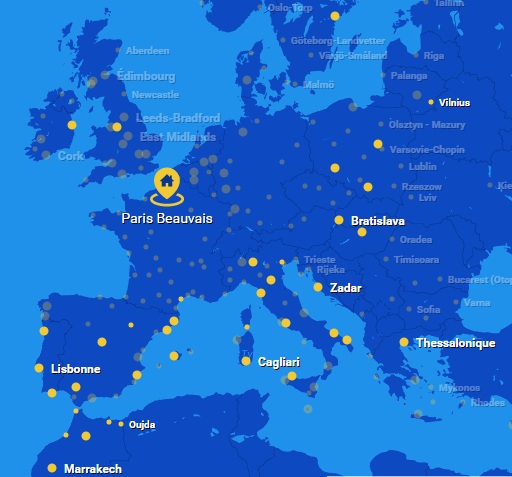 carte réseau ligne avion Ryanair low cost France Europe