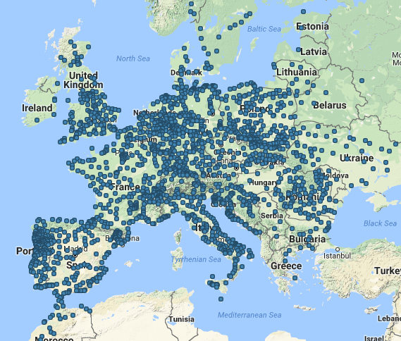 Carte réseau de bus, lignes de bus, destinations, villes desservies Europe