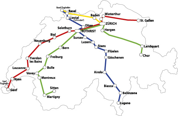 Carte du réseau de bus longue distance en Suisse. Compagnies de bus Domo Swiss Express