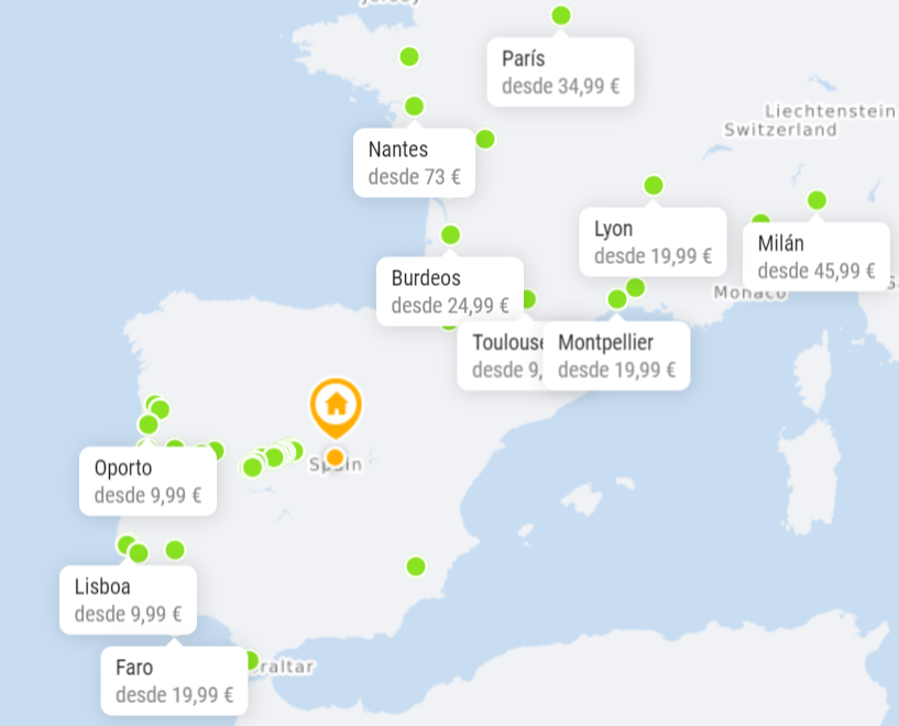 Mapa de la red de FlixBus en Espana