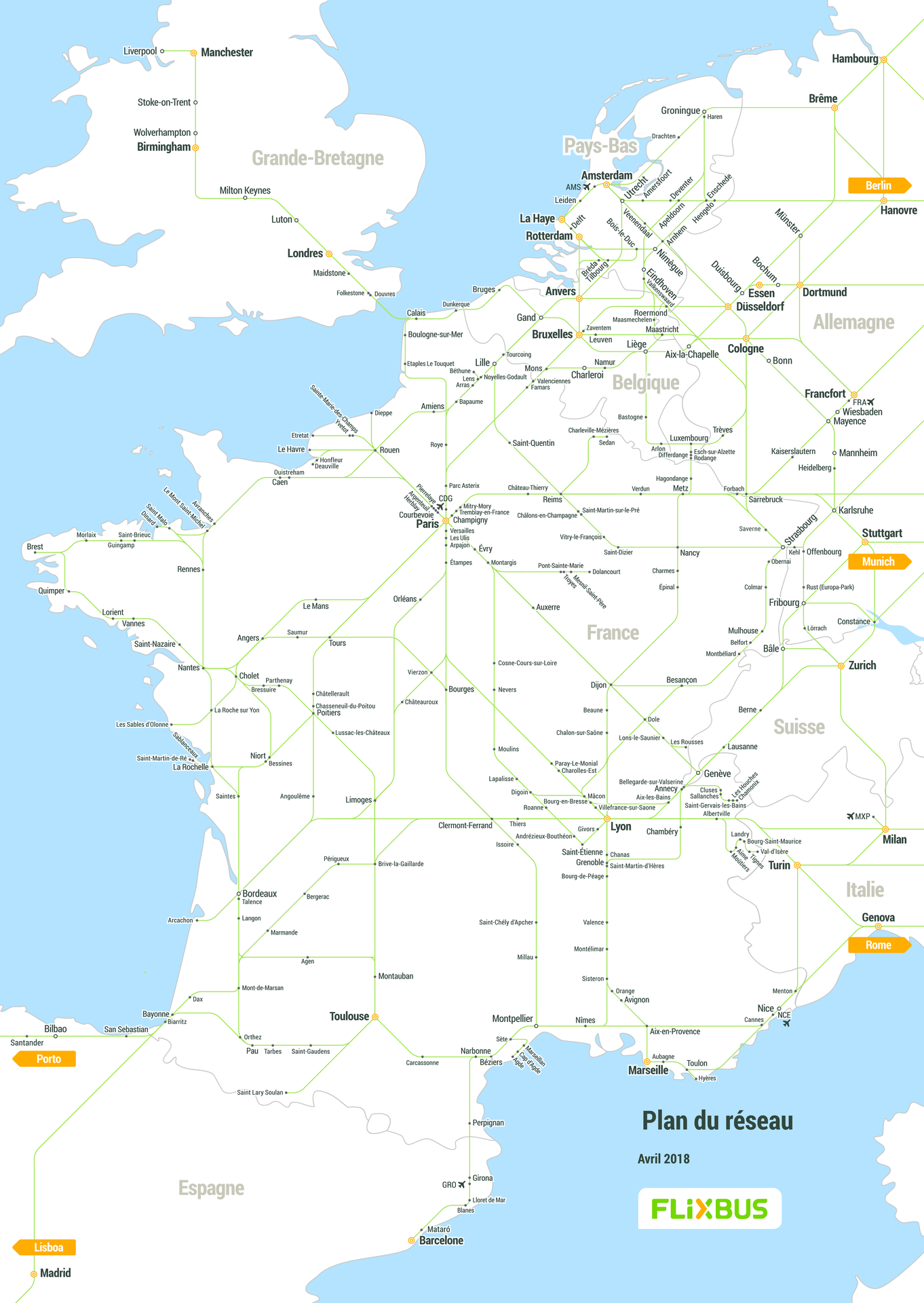 carte réseau ligne bus FlixBus France Europe