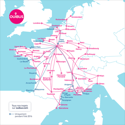 Carte des lignes de bus OUIBUS (ex iDBUS) en France