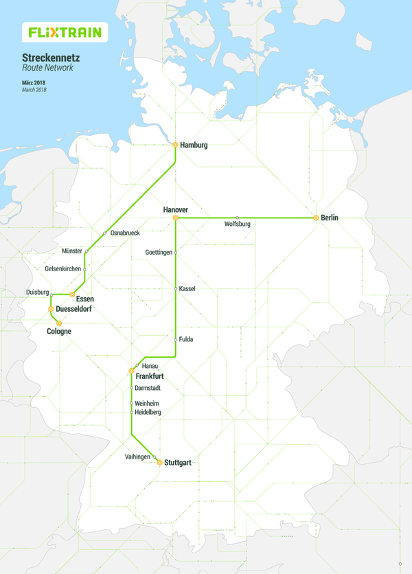 FlixTrain network map of train routes and destinations