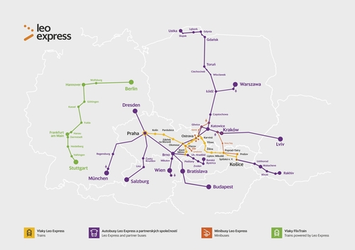 Leo Express síťová mapa vlakové trasy