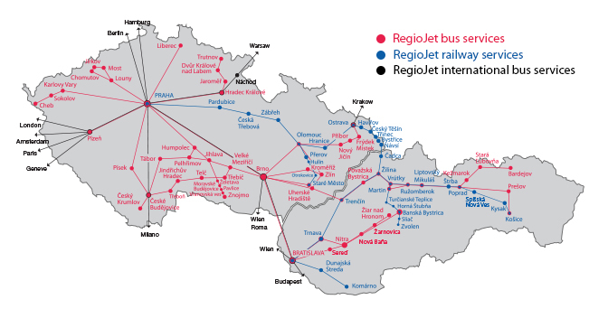 RegioJet síťová mapa vlakové trasy