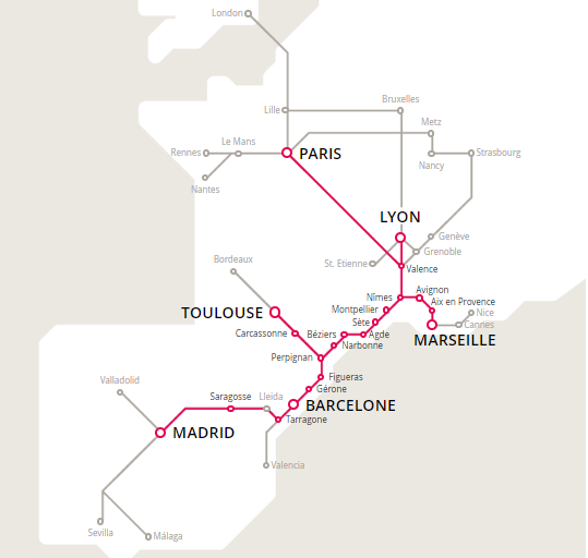 carte réseau lignes train Renfe en Espagne et France