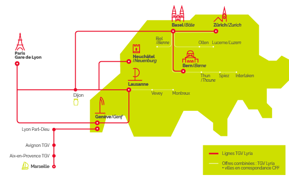 carte réseau lignes train TGV Lyria France Suisse