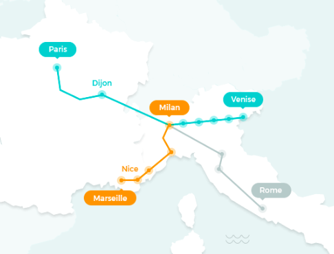Carte réseau lignes train Thello en Europe