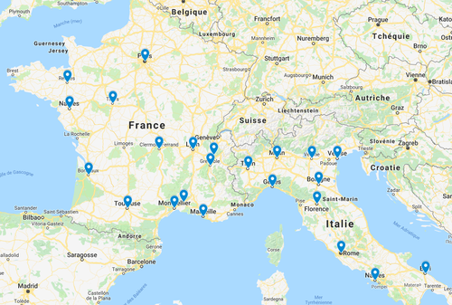 Carte réseau ligne de bus destinations villes desservies France Italie