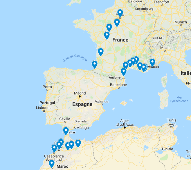 Carte réseau ligne de bus destinations villes desservies France Maroc