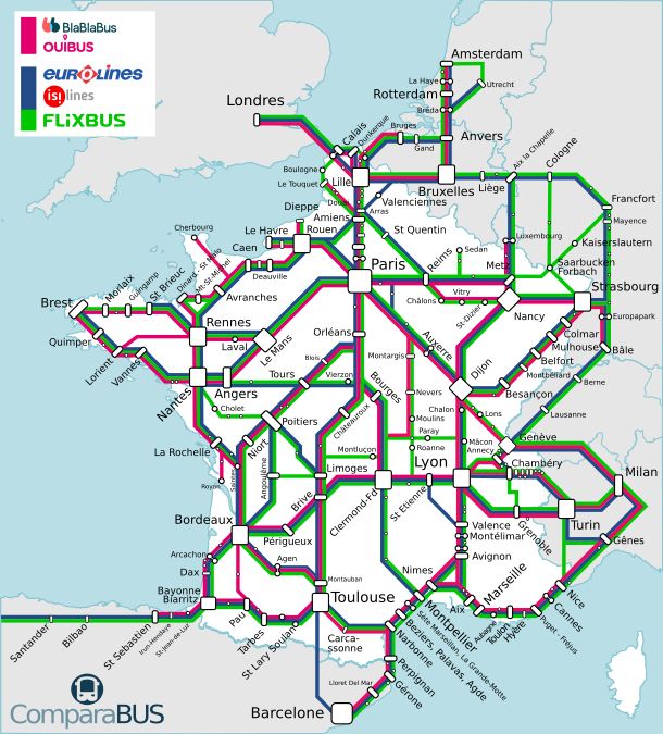 Carte du réseau de bus longue distance en France. Compagnies de bus BlaBlaBus, FlixBus, Megabus, OUIBUS, Eurolines, Isilines, et Starshipper