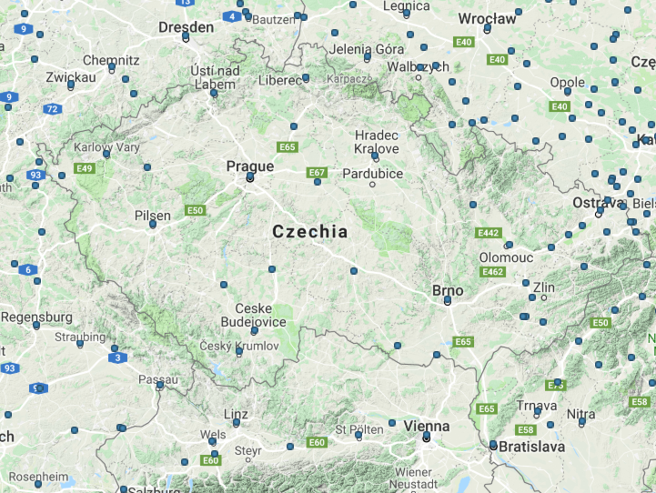 Mapa sítě autobusové dopravy v České republice - trasy a destinace autobusů