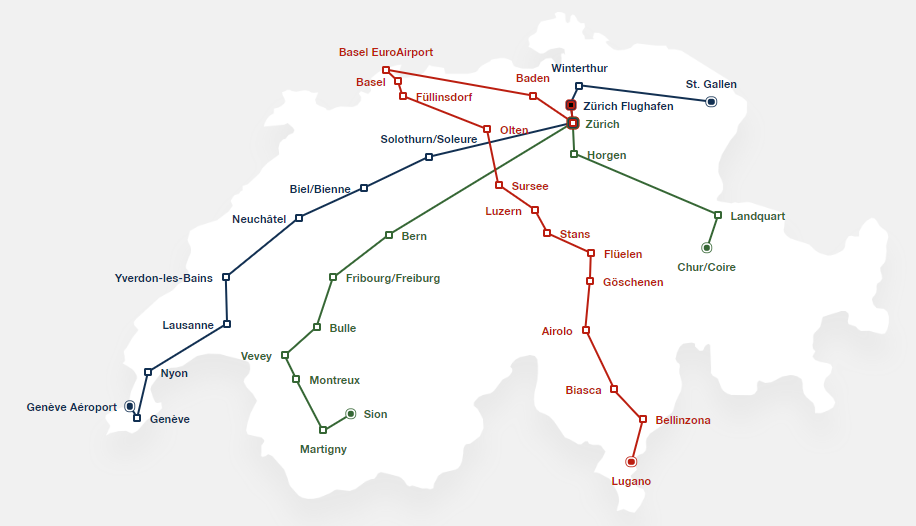 Carte réseau lignes de bus, réseau, destinations Eurobus Suisse