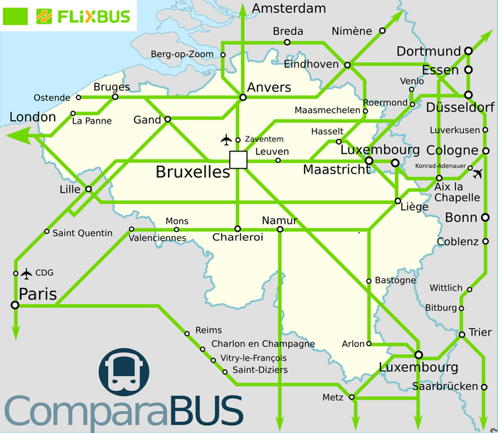 Réseau ligne de bus Belgique, destinations, villes desservies, nationales