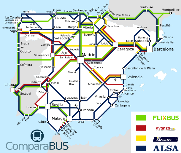 Mapa de la red de autobuses de larga distancia en España. Compañía de autobuses Alsa, Monbus, Avanza, FlixBus